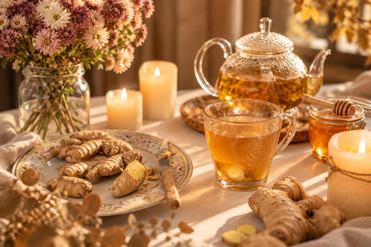 Herbal tea with ginger, honey and autumn flowers on a warmly lit table
