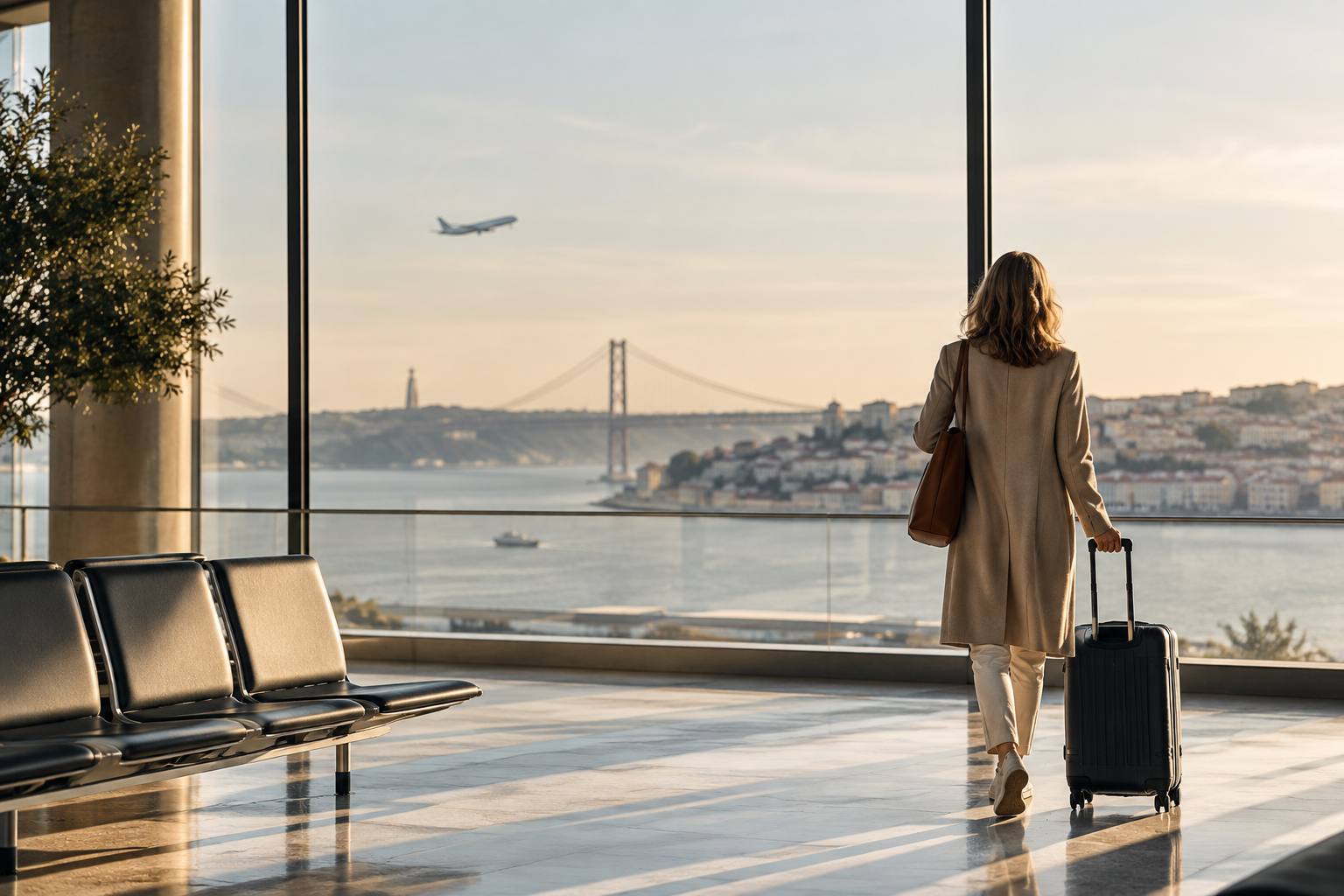 Woman walking with a suitcase through an airport, looking out at the view