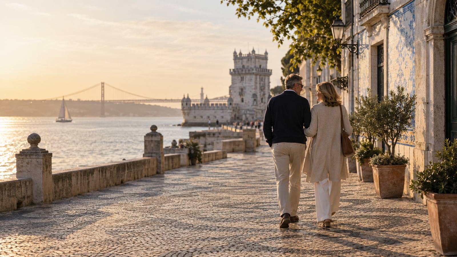 Couple walking together in Lisbon at sunset near Belem Tower