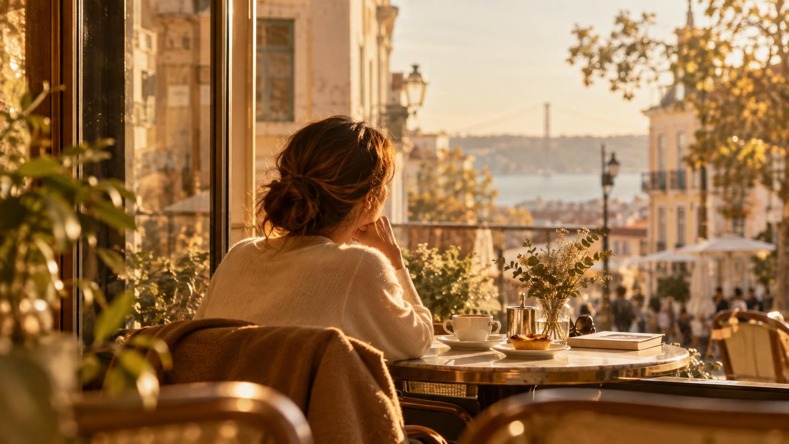 Woman looking out over Lisbon from a café balcony with coffee and pastel de nata
